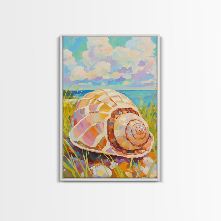 Pastel Conch Shell In Dune Grass Canvas Print, Coastal Wall Art, Beach House Decor, Ocean Wall Art, Summer Home Decor, Gift For Her