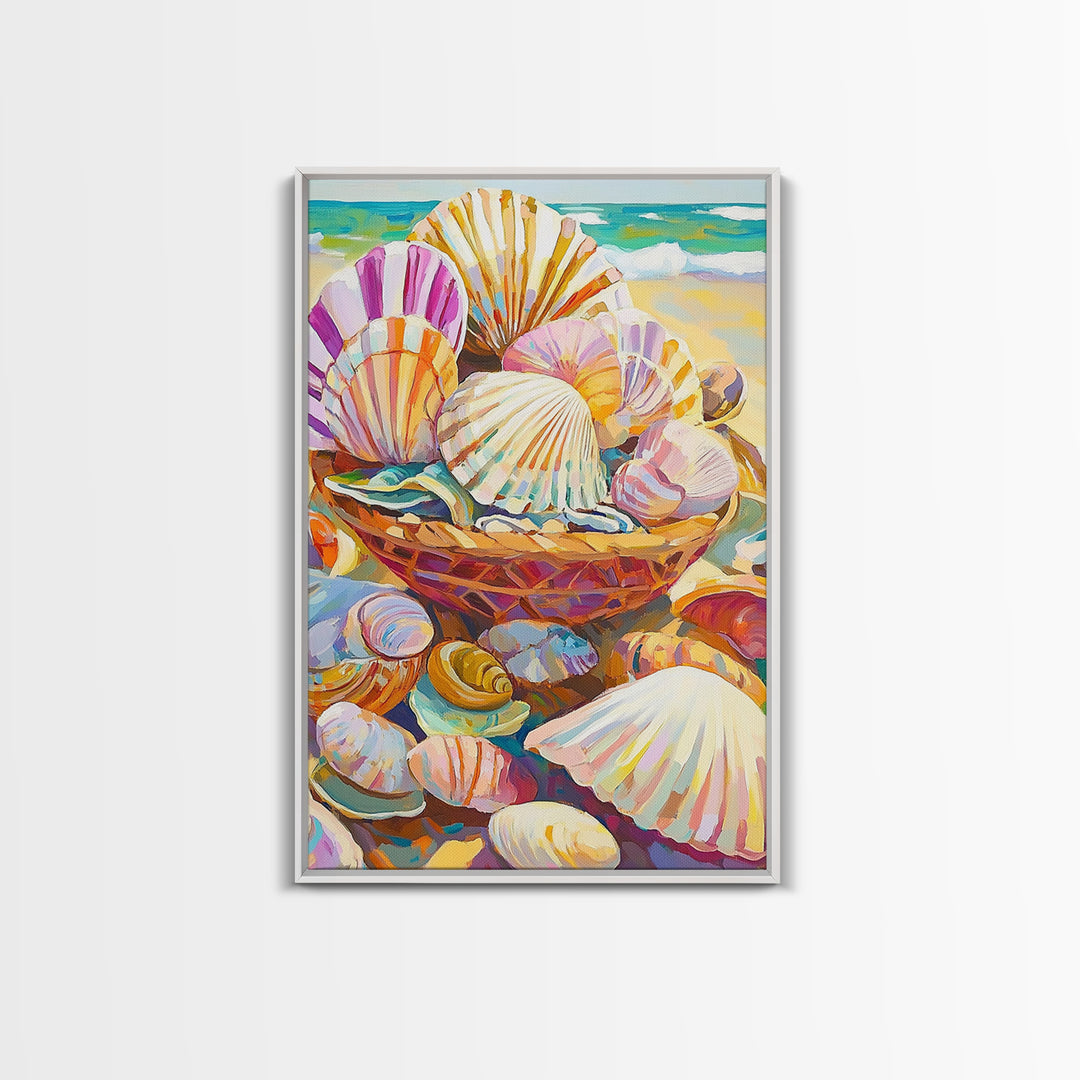 Basket Of Pastel Seashells On Beach Wall Art, Coastal Wall Decor, Beach House Decor, Ocean Art Print, Nautical Home Decor