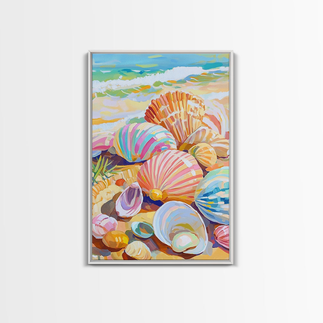 Pastel Seashells Scattered On Sunny Beach Framed Canvas Print, Coastal Wall Art, Ocean Wall Decor, Beach House Gift For Her