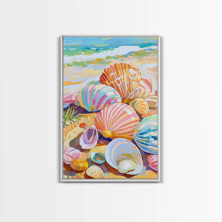 Pastel Seashells Scattered On Sunny Beach Framed Canvas Print, Coastal Wall Art, Ocean Wall Decor, Beach House Gift For Her