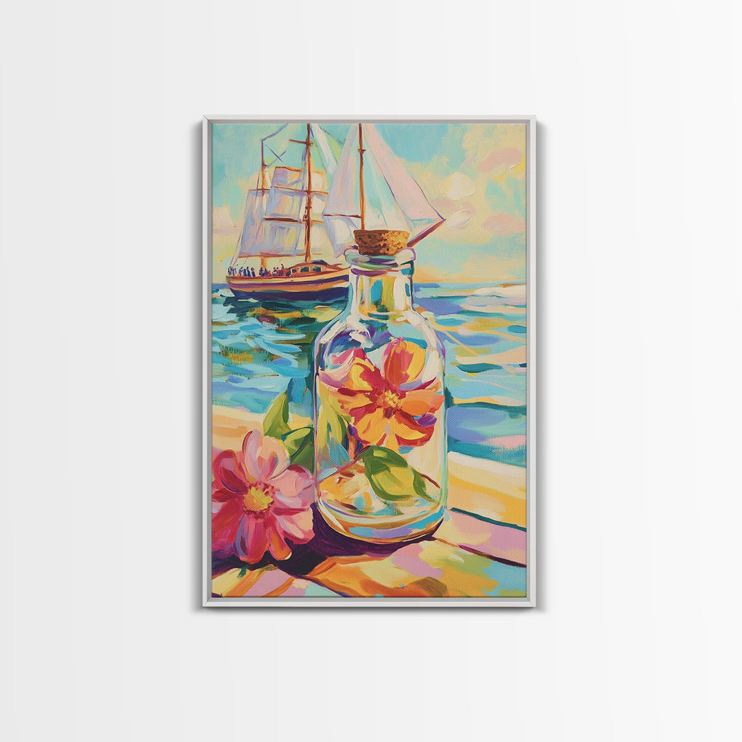 Sailboat And Flower In Glass Bottle Canvas Print, Nautical Wall Art, Coastal Wall Decor, Ocean Art, Beach House Decor, Gift For Her
