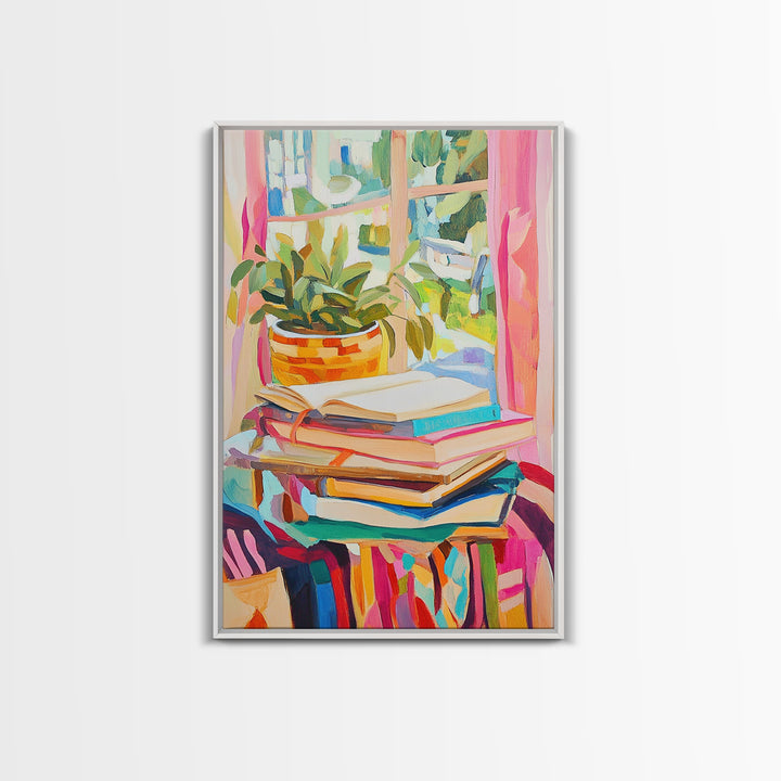 Stacked Books And Window Plant Wall Art, Cozy Reading Nook Decor, Book Lover Gift, Library Wall Art, Home Office Decor Print