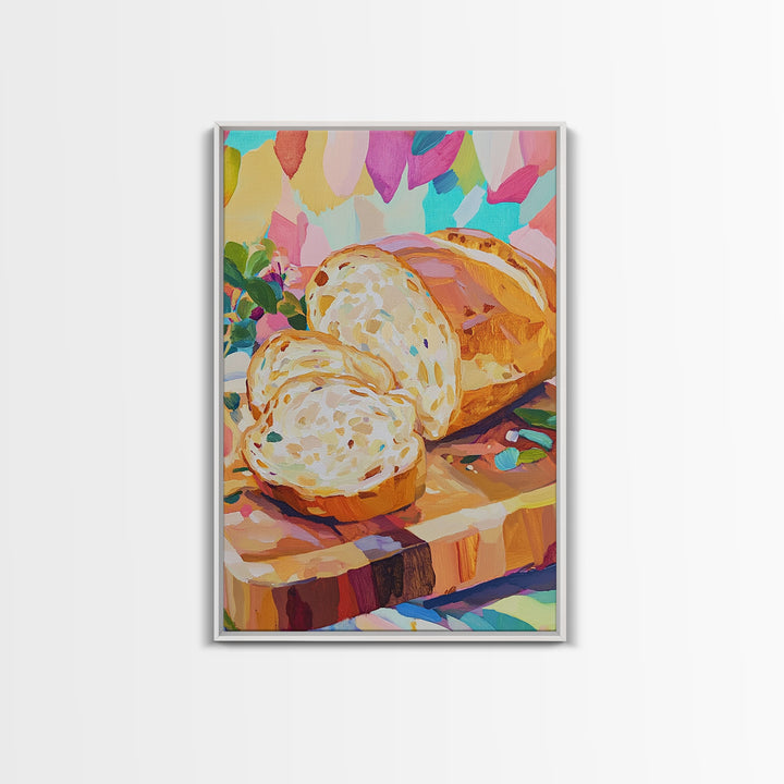 Sliced Artisan Bread On Wooden Board Canvas Print, Kitchen Wall Art, Food Illustration, Rustic Kitchen Decor, Gift For Baker