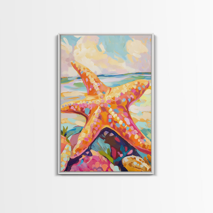 Bright Orange Starfish On Sunny Beach Wall Art, Coastal Canvas Print, Ocean Wall Decor, Beach House Gift, Tropical Art, Seaside Decor