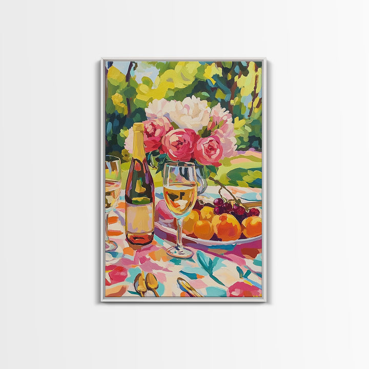 Garden Wine Still Life With Cherries Framed Canvas Print, Dining Room Wall Art, Floral Kitchen Decor, Wine Lover Gift, Hostess Gift