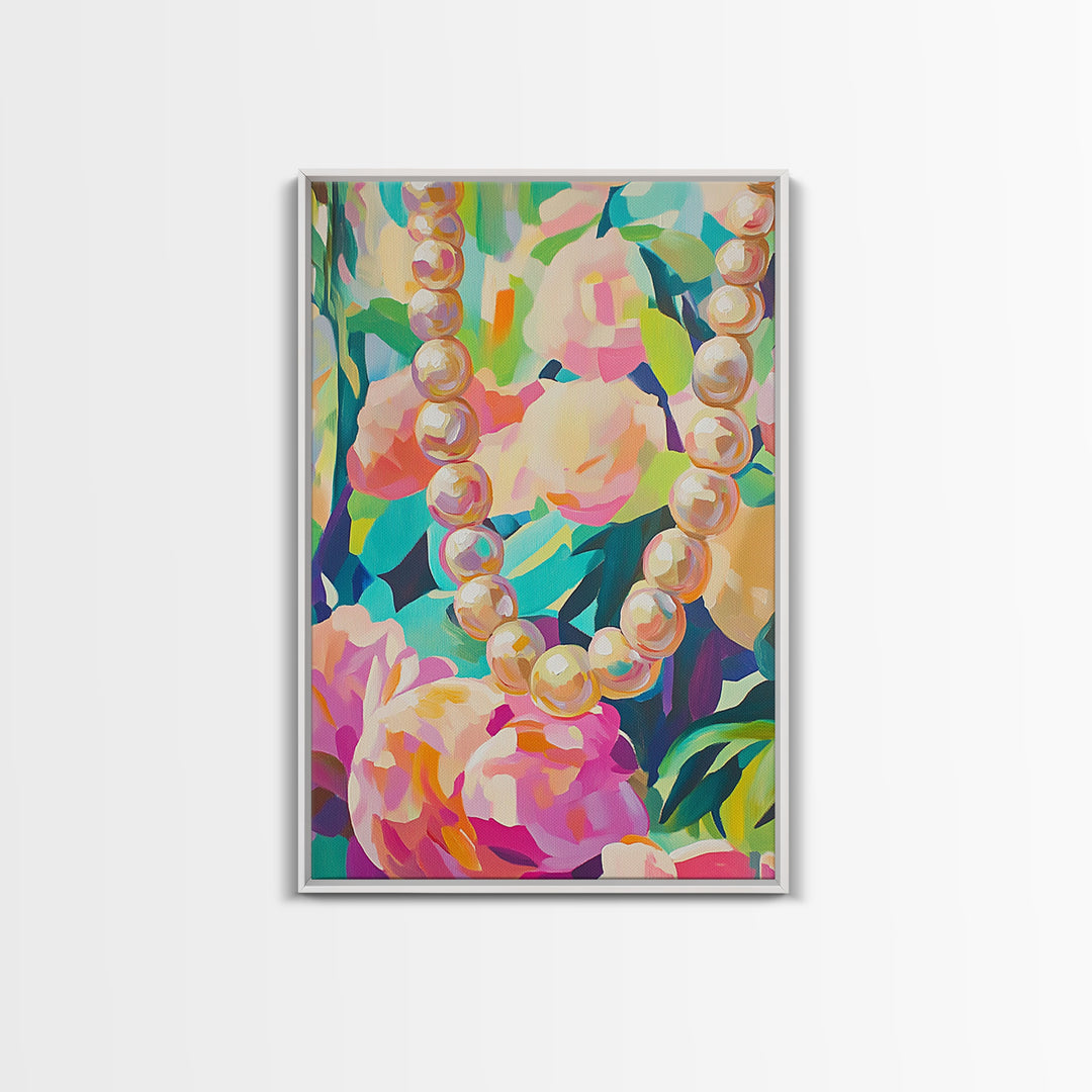 Pearl Necklace On Lush Floral Background Framed Canvas Print, Feminine Wall Art, Coquette Room Decor, Gift For Her, Romantic Bedroom Art