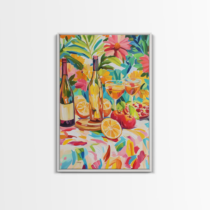 Garden Wine Bottles With Citrus Canvas Print, Colorful Kitchen Wall Art, Dining Room Decor, Wine Lover Housewarming Gift