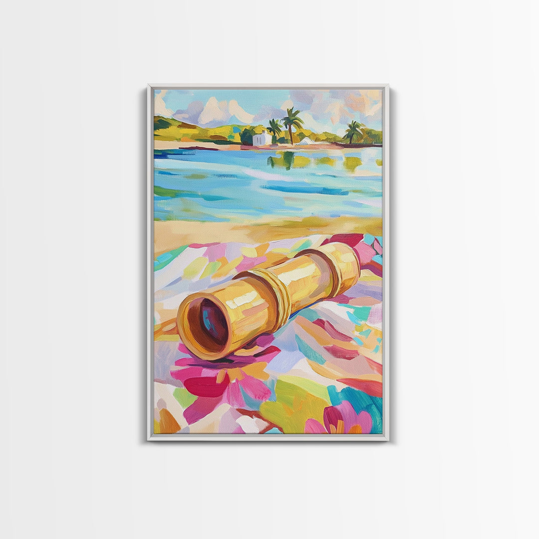 Brass Telescope On Tropical Beach Towel Wall Art, Colorful Coastal Canvas, Summer Travel Decor, Beach House Living Room Print