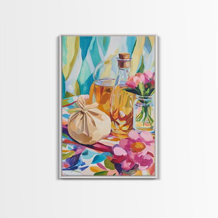 Olive Oil Bottles And Garlic Still Life Canvas Print, Colorful Kitchen Wall Art, Mediterranean Decor, Foodie Housewarming Gift
