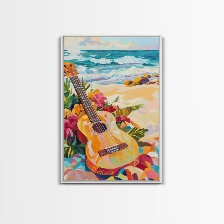 Tropical Guitar On Sunny Beach Canvas Print, Coastal Wall Art, Ocean Music Decor, Beach House Gift For Music Lover, Living Room Wall Art