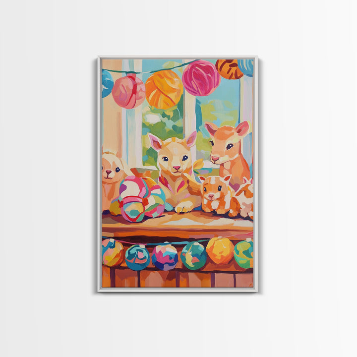 Pastel Nursery Farm Animal Toys Framed Canvas Print, Whimsical Animal Wall Art, Kids Room Decor, Baby Shower Gift, Nursery Decor