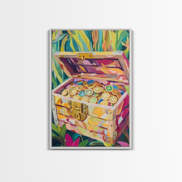 Jungle Treasure Chest Canvas Print, Gold Coin Adventure Wall Art, Tropical Home Decor, Safari Nursery Decor, Unique Gift