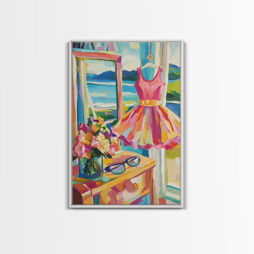 Pink Summer Dress By Lake Framed Canvas Print, Feminine Wall Art, Coastal Home Decor, Romantic Bedroom Art, Gift For Her