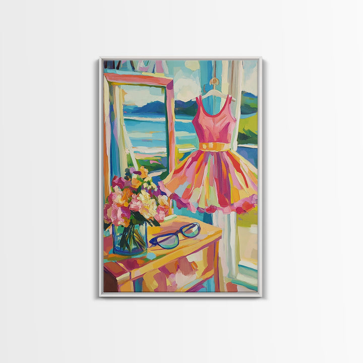 Pink Summer Dress By Lake Framed Canvas Print, Feminine Wall Art, Coastal Home Decor, Romantic Bedroom Art, Gift For Her
