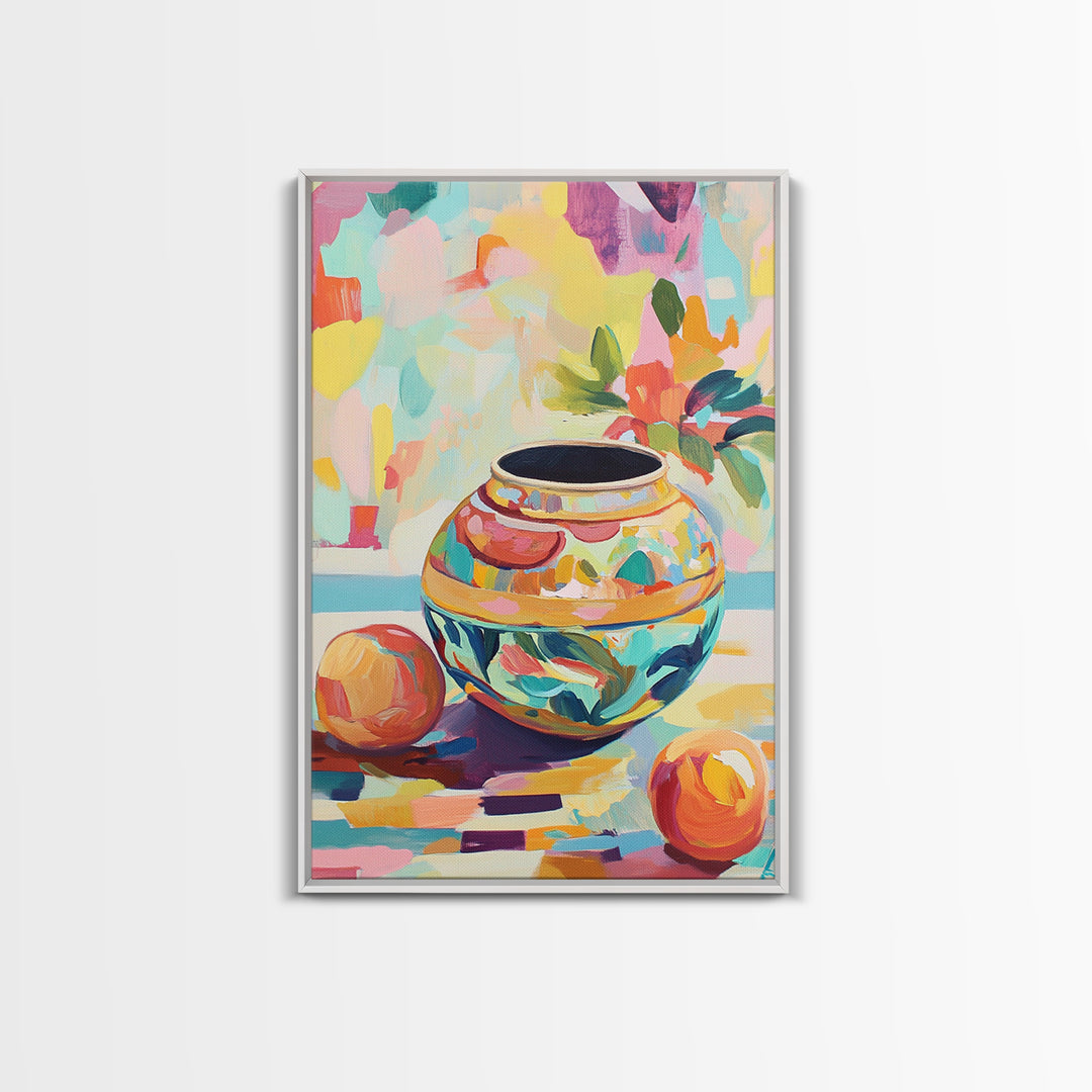 Colorful Ceramic Vase Still Life Wall Art, Fruit And Flower Canvas Print, Eclectic Home Decor, Kitchen Art, Housewarming Gift