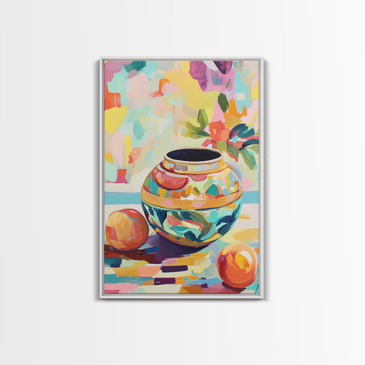 Colorful Ceramic Vase Still Life Wall Art, Fruit And Flower Canvas Print, Eclectic Home Decor, Kitchen Art, Housewarming Gift