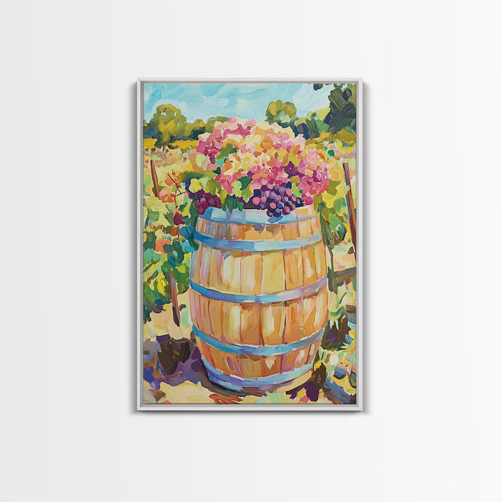 Wine Barrel With Grapes And Hydrangeas Framed Canvas Print, Vineyard Wall Art, Rustic Kitchen Decor, Wine Lover Gift, Home Decor