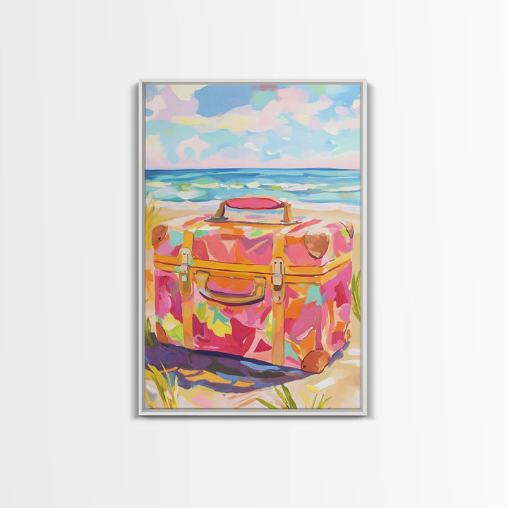 Floral Suitcase On Sunny Beach Canvas Print, Coastal Wall Art, Beach House Decor, Travel Poster, Summer Gift For Her, Ocean Wall Decor
