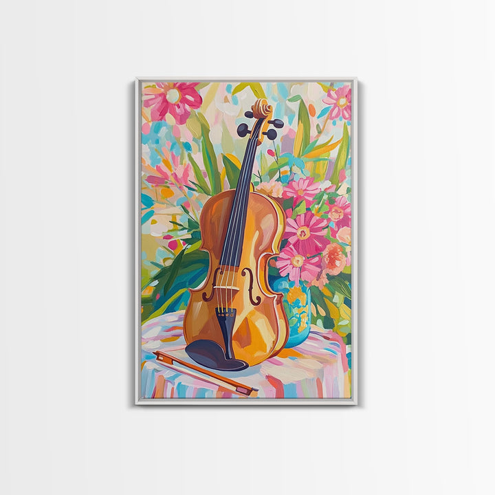 Violin With Pink Garden Flowers Framed Canvas Print, Music Wall Art, Floral Wall Decor, Gift For Music Lover, Fine Art Print