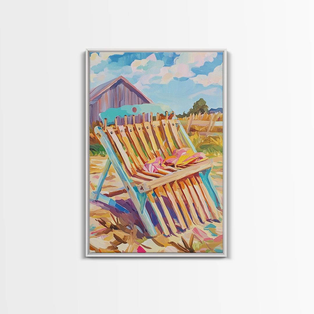 Striped Beach Chair By Rustic Barn Framed Canvas Print, Coastal Farmhouse Wall Art, Summer Patio Decor, Beach House Gift