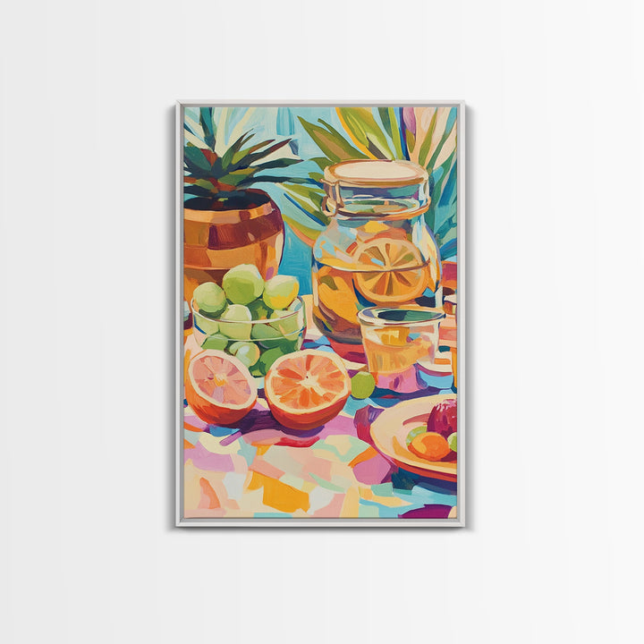 Sunlit Citrus Jar With Limes And Grapefruit Canvas Print, Colorful Kitchen Wall Art, Tropical Home Decor, Food Art Print