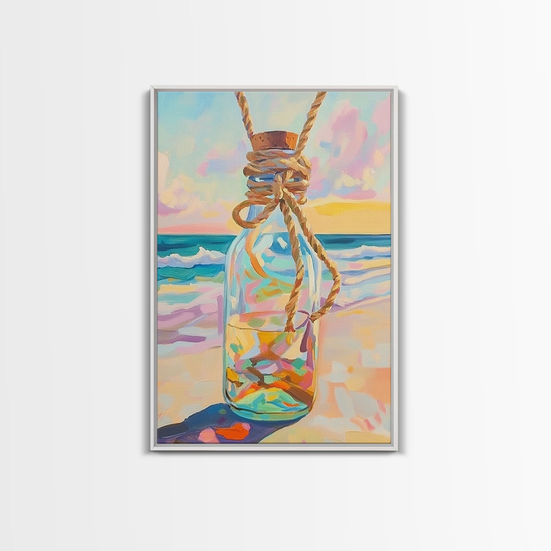 Glass Message Bottle Tied With Rope Canvas Print, Coastal Wall Art, Beach House Decor, Ocean Sunset Print, Nautical Gift