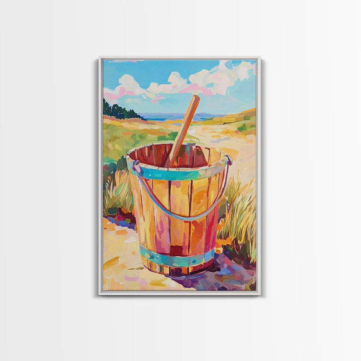 Wooden Beach Bucket And Dunes Wall Art, Coastal Canvas Print, Nautical Beach House Decor, Summer Seascape Gift, Ocean Wall Decor