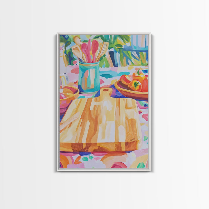 Sunlit Cutting Board Kitchen Wall Art, Colorful Tomato Still Life Canvas Print, Farmhouse Kitchen Decor, Food Lover Gift