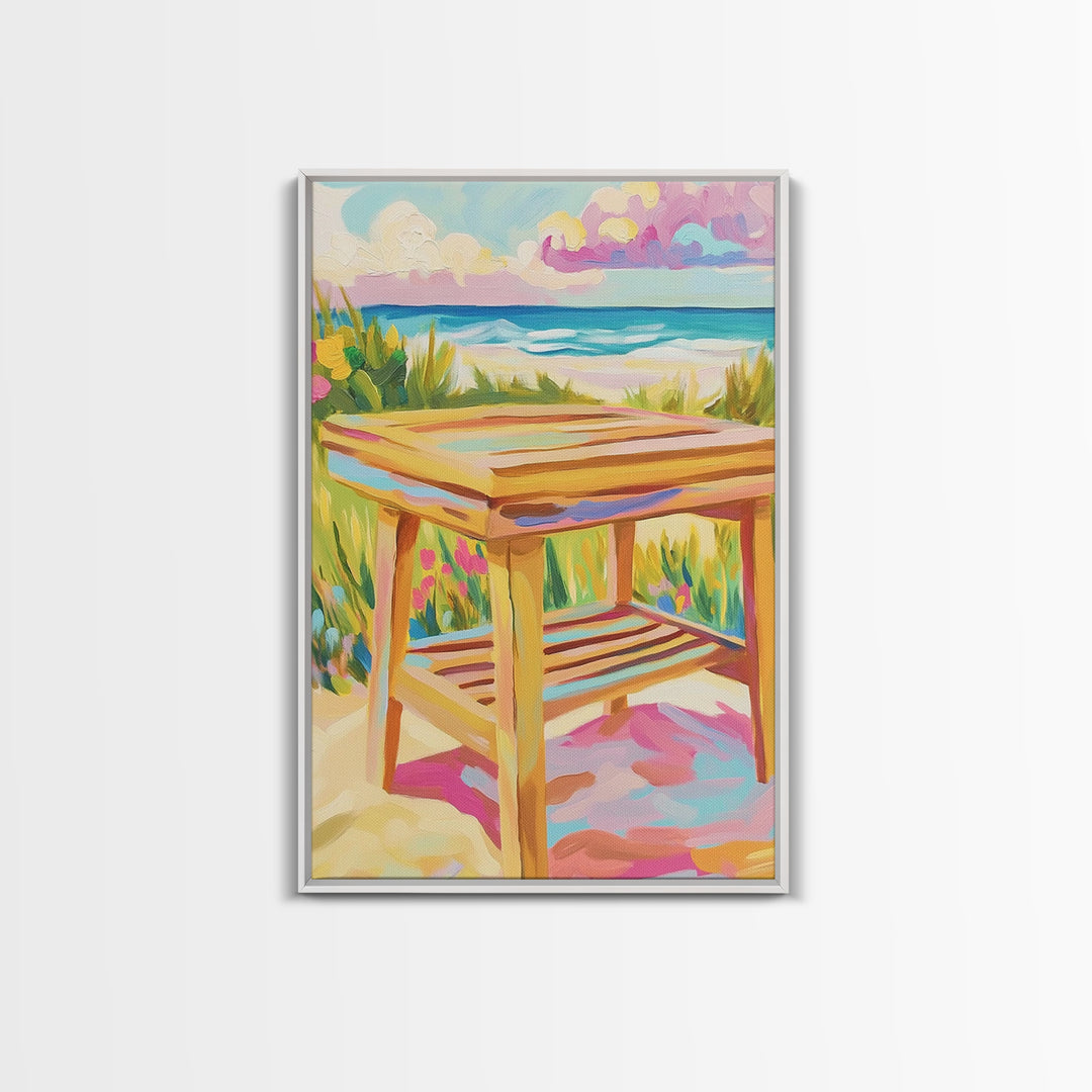 Sunny Beachside Wooden Table Canvas Print, Coastal Wall Art, Ocean Landscape Decor, Beach House Decor, Housewarming Gift
