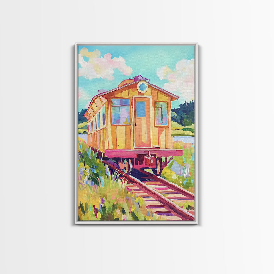 Yellow Railcar On Meadow Tracks Wall Art, Whimsical Travel Poster, Colorful Landscape Canvas Print, Eclectic Home Decor Gift