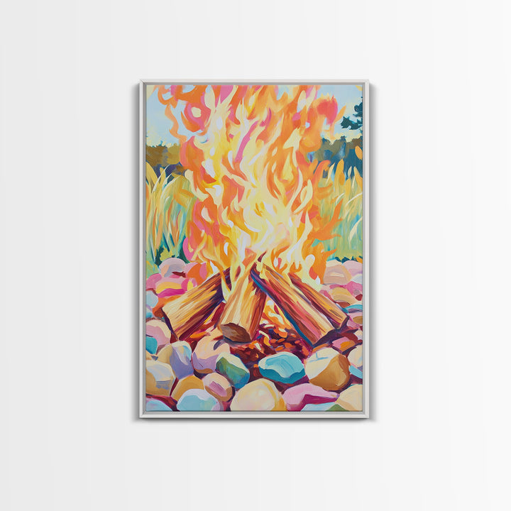 Vibrant Campfire With Painted River Stones Canvas Print, Cozy Wall Art, Cabin Decor, Rustic Outdoor Home Decor Gift For Him