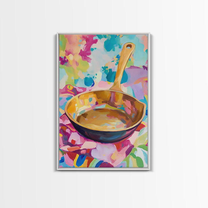 Golden Skillet Pan On Bright Cloth Canvas Print, Colorful Kitchen Wall Art, Foodie Home Decor, Housewarming Gift, Art Print