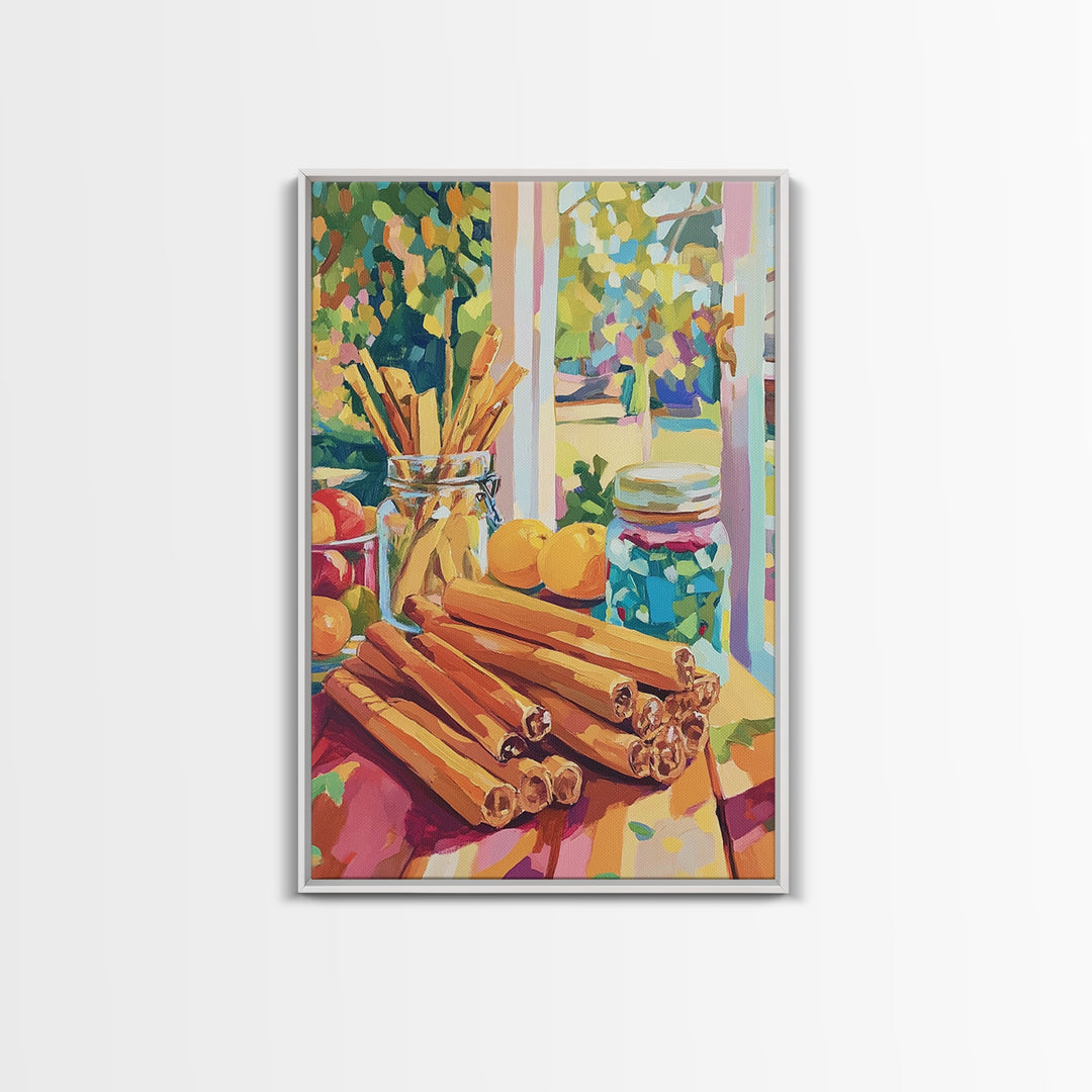 Cinnamon Sticks By Sunny Window Canvas Print, Colorful Kitchen Wall Art, Rustic Farmhouse Decor, Cozy Foodie Housewarming Gift