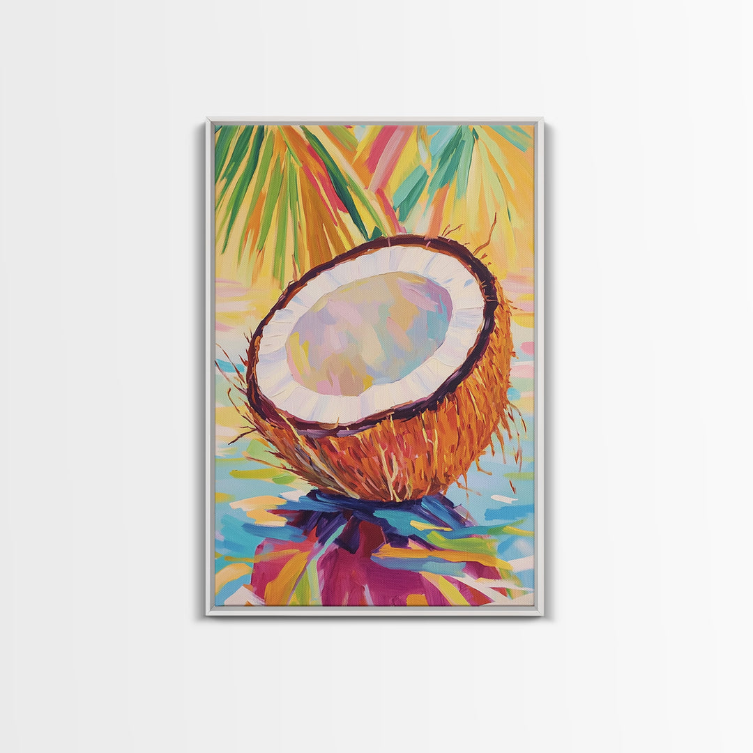 Tropical Coconut Half With Palm Leaves Canvas Print, Coastal Wall Art, Beach House Decor, Colorful Kitchen Art, Summer Gift