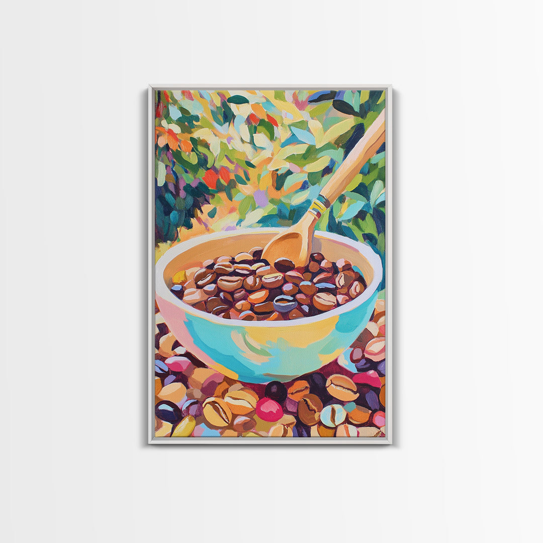 Vibrant Coffee Beans In Ceramic Bowl Canvas Print, Kitchen Wall Art, Coffee Bar Decor, Cafe Poster, Foodie Housewarming Gift