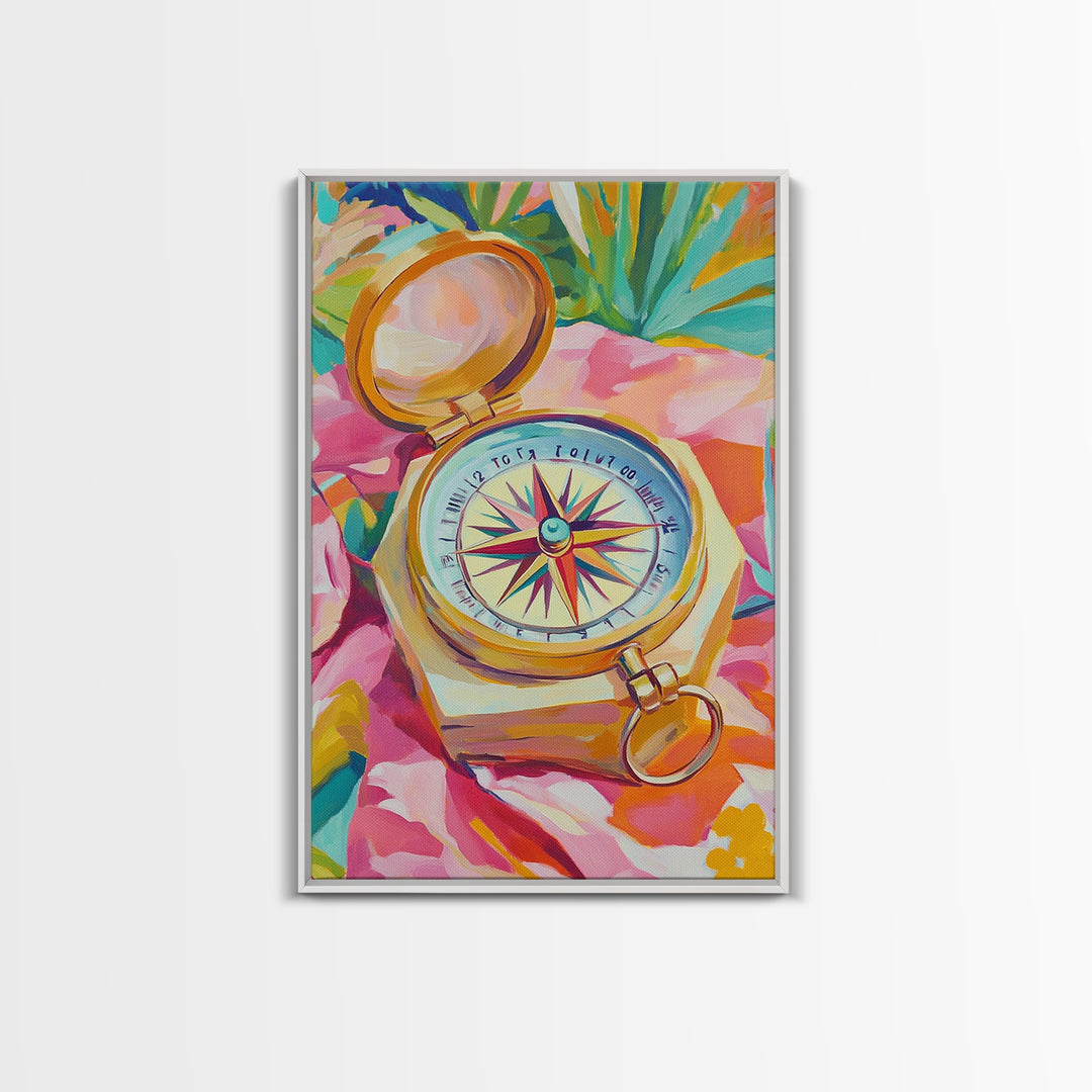 Golden Compass On Pink Tropical Cloth Canvas Print, Travel Wall Art, Coastal Decor, Nautical Poster, Adventure Gift For Her