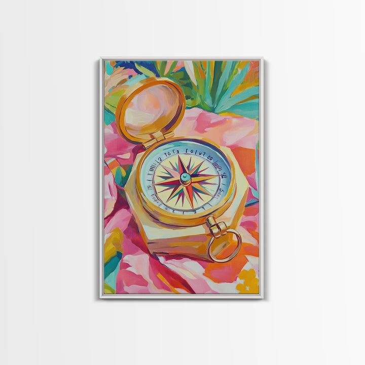 Golden Compass On Pink Tropical Cloth Canvas Print, Travel Wall Art, Coastal Decor, Nautical Poster, Adventure Gift For Her