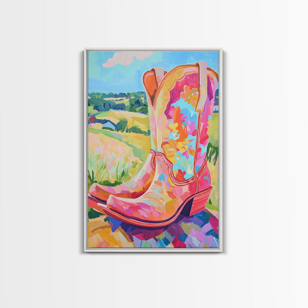 Pink Floral Cowboy Boots Canvas Print, Western Wall Art, Cowgirl Decor, Country Landscape Art Print, Bright Gift For Her