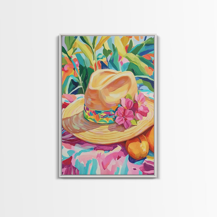 Straw Sun Hat With Pink Flowers Canvas Print, Tropical Wall Art, Coastal Cowgirl Decor, Summer Home Decor Art Gift For Her