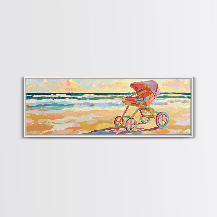 Pink Baby Stroller On Sunny Beach Wall Art, Coastal Nursery Decor, Ocean Canvas Print, Baby Shower Gift For Girl, Beach House Decor