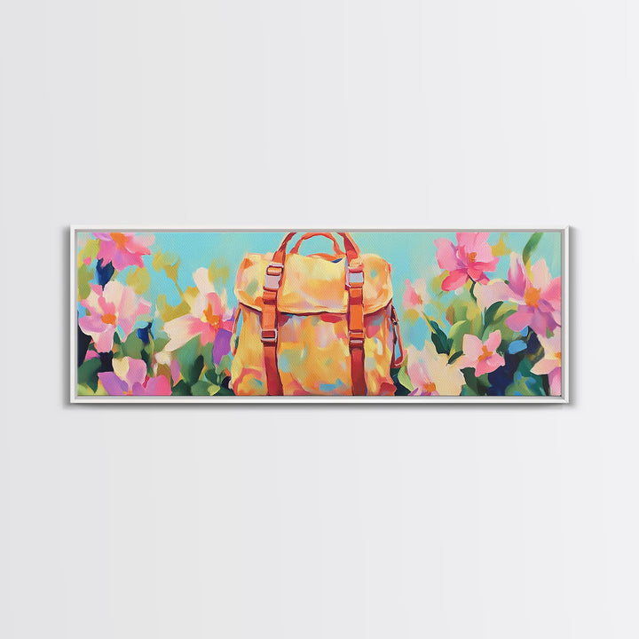 Sunlit Yellow Backpack In Blooming Garden Wall Art, Whimsical Canvas Print For Travel Decor Girls Room Decor And Gift For Her