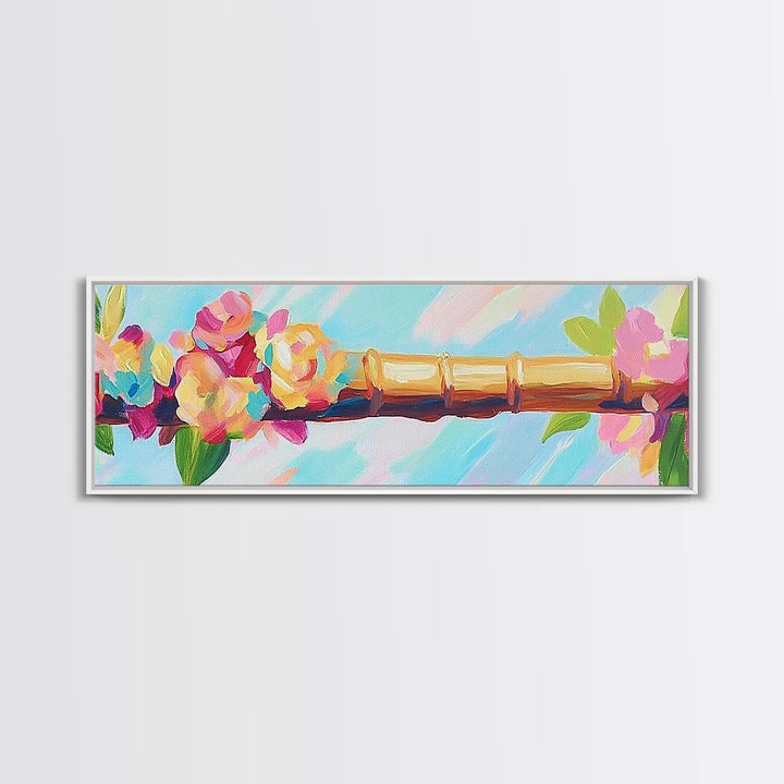 Pink Flowers On Gold Bamboo Rod Canvas Print, Feminine Wall Art, Floral Wall Decor, Chinoiserie Inspired Home Decor Gift