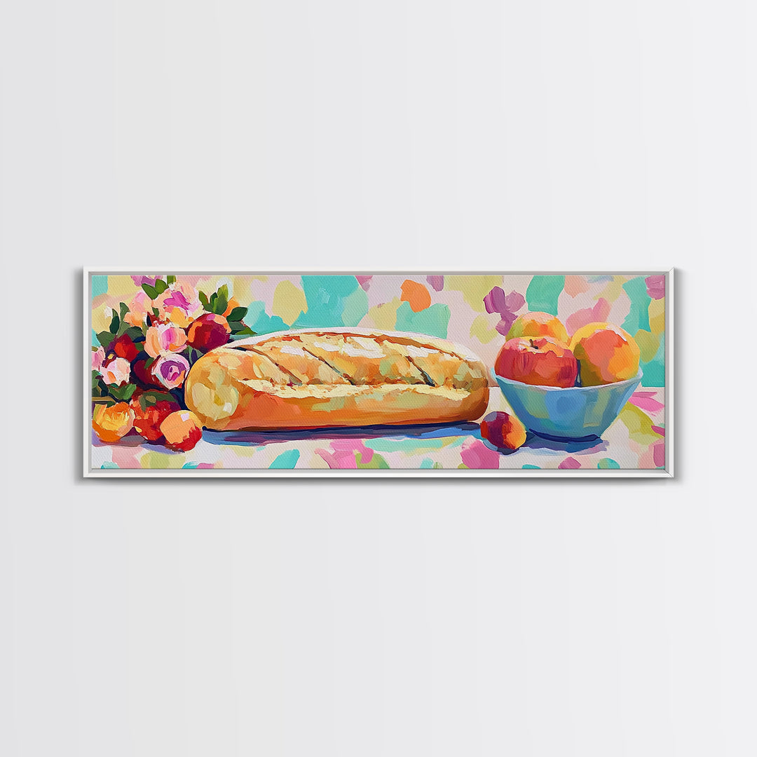Crusty Bread With Apples And Flowers Wall Art, Rustic Kitchen Decor, Bakery Art Print, Farmhouse Decor, Dining Room Prints