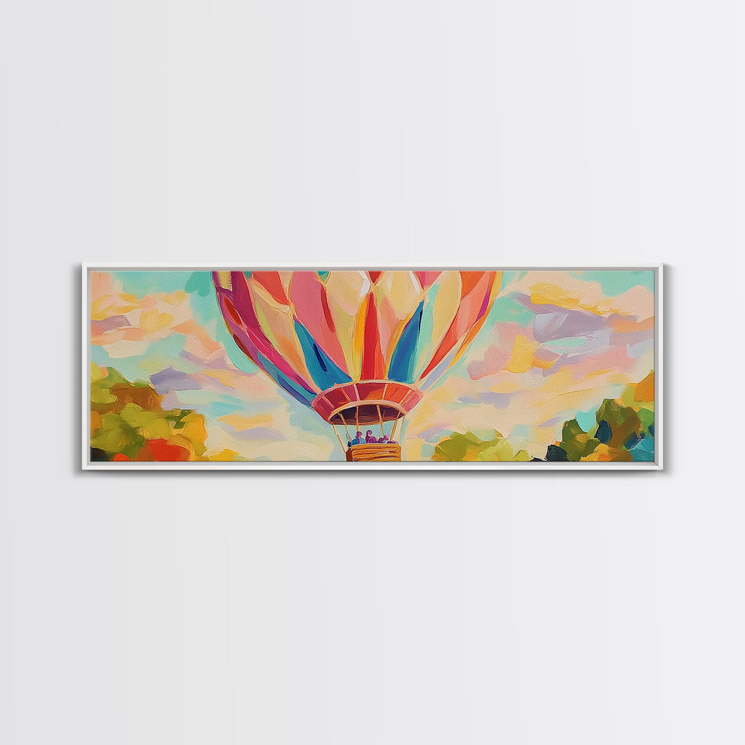 Pastel Hot Air Balloon Wall Art, Whimsical Landscape Painting, Nursery Decor, Kids Room Wall Decor, Framed Canvas Print Gift