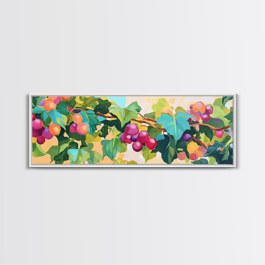 Sunlit Grapevine With Purple Grapes Canvas Print, Vineyard Wall Art, Kitchen Decor, Winery Gift, Dining Room Print, Colorful Nature Art