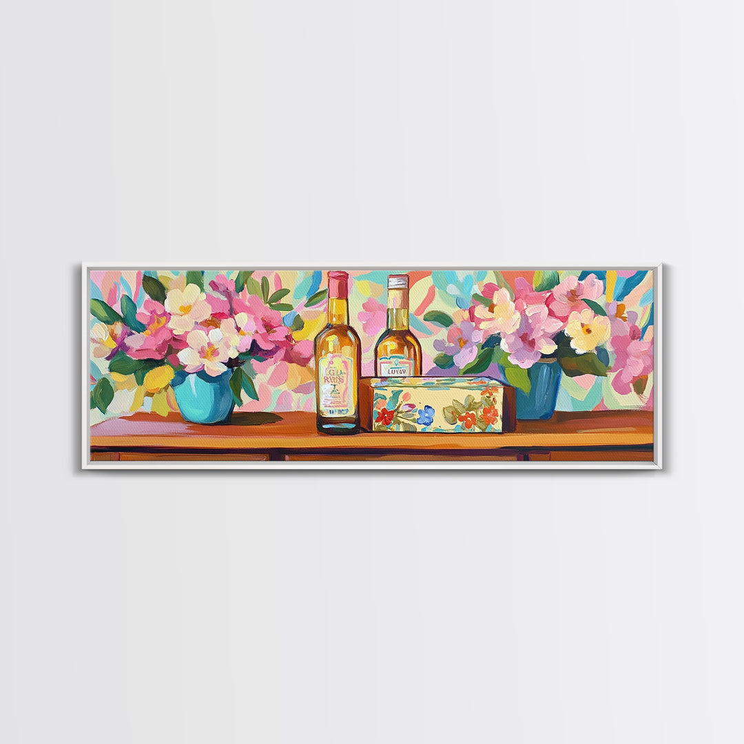 Wine Bottles And Pink Flowers Canvas Print, French Country Kitchen Decor, Winery Wall Art, Dining Room Prints, Gift For Her