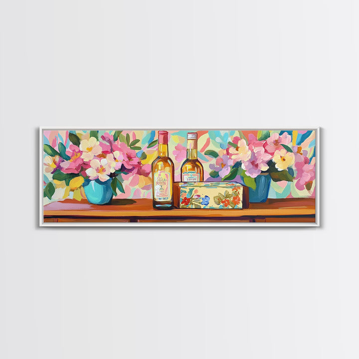 Wine Bottles And Pink Flowers Canvas Print, French Country Kitchen Decor, Winery Wall Art, Dining Room Prints, Gift For Her