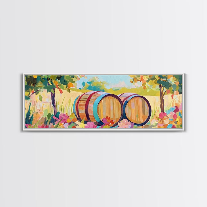 Sunny Vineyard Wine Barrels Framed Canvas Print, Wine Country Art, Rustic Wall Art, Winery Decor, Housewarming Gift Idea