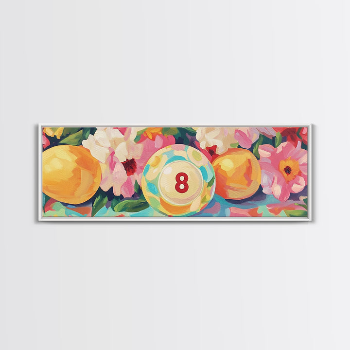 Pool Eight Ball With Pink Flowers Canvas Print, Retro Game Room Art, Billiards Wall Art, Man Cave Decor, Gift For Him Poster