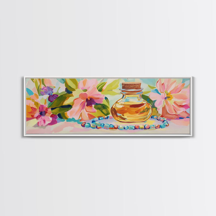 Perfume Bottle And Floral Beads Canvas Print, Feminine Wall Art, Pink Floral Home Decor, Girly Bedroom Decor Gift For Her